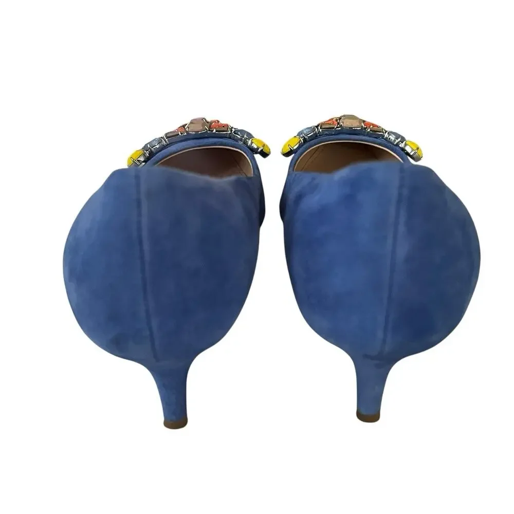 J Crew COLLECTION Dulci Suede Kitten Heels Women’s Size 7.5 Jeweled Blue Italy